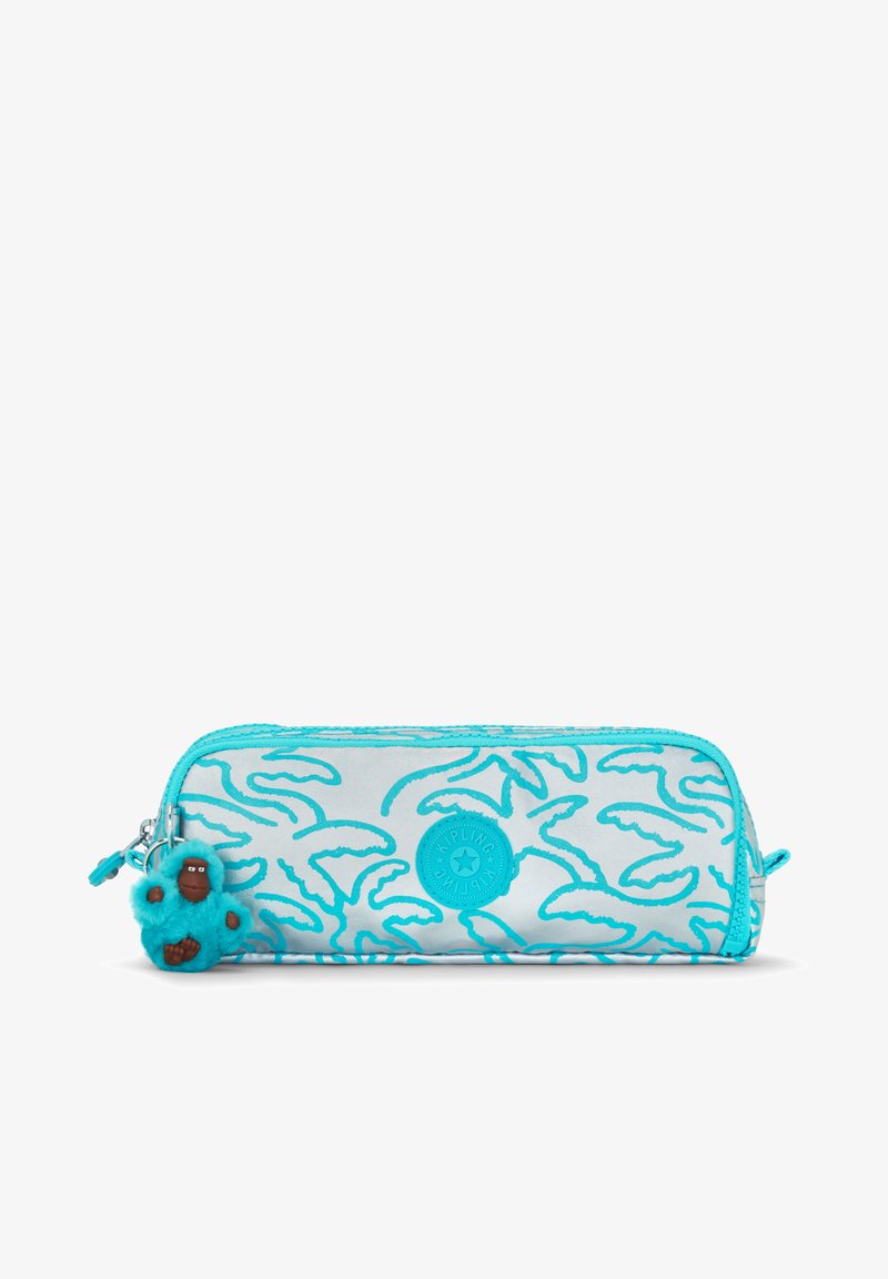 Light blue pencil case featuring white leaf patterns, a zipper closure, and a turquoise monkey charm attached to the side.
