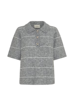 Gray short-sleeve polo shirt made of soft fabric, featuring horizontal white stripes and three decorative buttons on the placket.