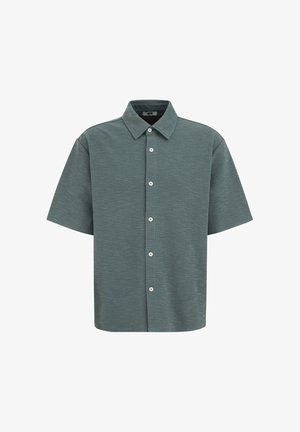 Īsām piedurknēm zaļa pogāta krekla ar izplatu apkakli un strukturētu audumu, attēlots uz balta fona.