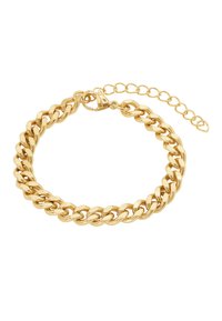 Bracciale in oro con maglie intrecciate, finitura lucida e chiusura a moschettone. Presenta un'estensione della catena regolabile per adattarsi alla misura.