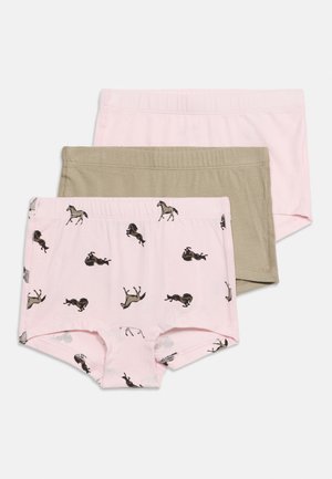 Three folded kids' boxer briefs in light pink with horse prints, solid beige, and solid light pink, arranged overlapping on a white background.