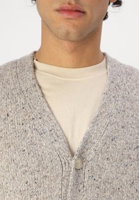 Svetlošedý kardigán s výstrihom do V, vyrobený z textúrovaného pleteného materiálu. Obsahuje multicolorné škvrny a uzatváranie na jeden gombík. Nosený cez béžovú košeľu.