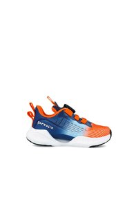 Zapatilla deportiva azul y naranja con parte superior de malla, diseño texturizado, cordones negros y suela blanca. Cuenta con una tira en el talón.