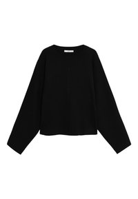 Černý zkrácený svetr s dlouhými rukávy, kulatým výstřihem a hladkou texturou, vyrobený z jemného pleteného materiálu.