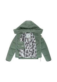 Grønn kviltet jakke med et teksturert ytre lag og et mønstrete grått for med abstrakte former. Inkluderer lommer og hette.