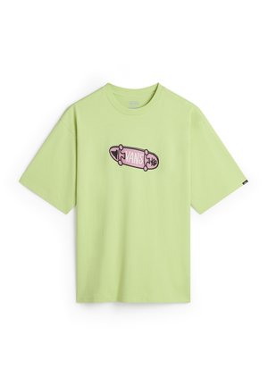 Limegrøn bomuld T-shirt med korte ærmer, med en pink skateboardgrafik og "VANS"-logoet centralt placeret.