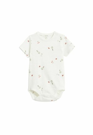 Witte baby romper met korte mouwen en kleine kersen- en perenpatronen, drukknopen onderaan en op de schouder voor gemakkelijk aankleden.