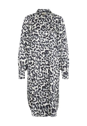 Robe chemise à motif léopard crème et noir, dotée d'un col, d'une fermeture à boutons sur le devant, de manches longues et d'une coupe décontractée avec des détails froncés.