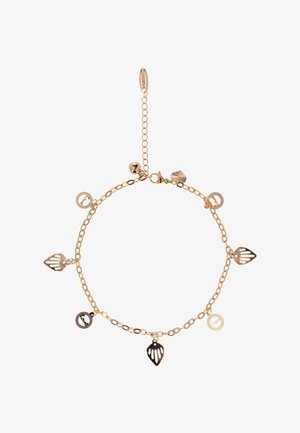 Guldtonet kædearmbånd med justerbar lukning, med syv vedhæng inklusive tre filigranbladformer og fire cirkulære mærker med tekst.