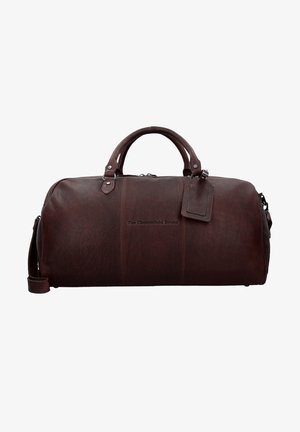 Braune Leder-Reisetasche mit runden Griffen, Reißverschluss und abnehmbarem Schulterriemen. Verfügt über ein geprägtes Logo und einen Gepäckanhängerhalter.