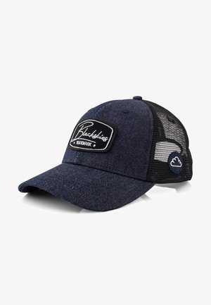 Denim baseballcap, jossa on tummansininen, teksturoitu kangas. Varustettu mustalla verkko-osalla, logopatchilla ja kaarevalla lippa.