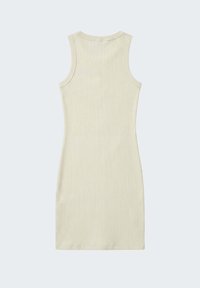 Robe sans manches en tricot côtelé beige, avec un col rond et une longueur jusqu'aux genoux, vue de dos sur un fond uni.