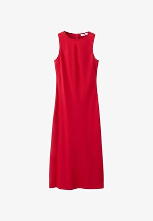 Rode mouwloze jurk met een ronde halslijn, tot op de knie, gemaakt van een gladde stof, voorzien van een discrete ritssluiting aan de achterkant.