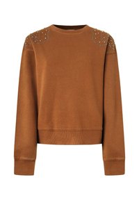 Sudadera marrón con mangas largas, dobladillo acanalado y hombros adornados con detalles de cuentas y lentejuelas en un patrón de hojas.