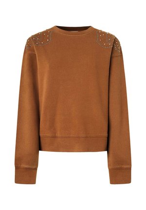 Sweatshirt marron à manches longues, avec un ourlet côtelé et des épaules ornées de perles et de sequins dans un motif de feuilles.