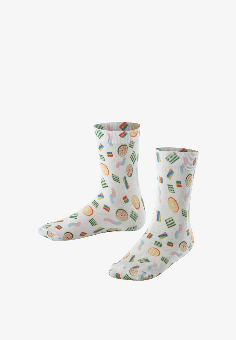 Chaussettes blanches mi-mollet avec un motif de tranches de fruits colorées et de formes abstraites, disposées côte à côte sur un fond uni.