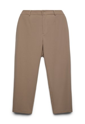 Pantaloni kaki a gamba dritta con chiusura a bottone e cerniera, passanti per cintura e pieghe frontali, mostrati su sfondo bianco.