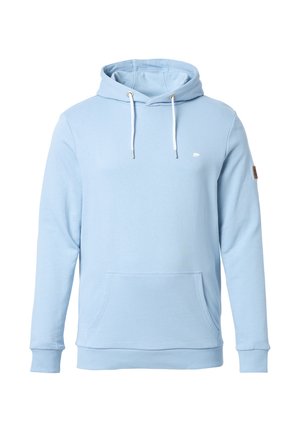Lichtblauwe hoodie van zachte stof met een voorzak, een trekkoordkap en een subtiele logo op de borst. Ribgebreide manchetten en onderkant.