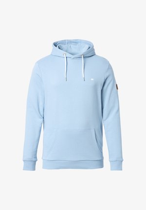 Lichtblauwe hoodie van zachte stof met een voorzak, een trekkoordkap en een subtiele logo op de borst. Ribgebreide manchetten en onderkant.