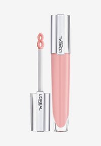 L'Oréal Paris lipgloss in een doorzichtige tube met een zilveren dop, voorzien van een lichtroze, glanzende formule en een applicator met een doe-foot met een afgeronde punt.