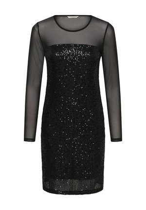 Zwarte paillettenjurk met lange doorschijnende mouwen, ronde halslijn en een aansluitende silhouette. Heeft een gladde, gestructureerde oppervlakte.