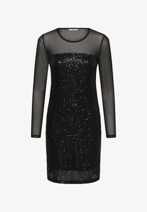Vestido negro de lentejuelas con mangas largas de malla transparente, escote redondo y silueta ajustada. Presenta una superficie suave y texturizada.