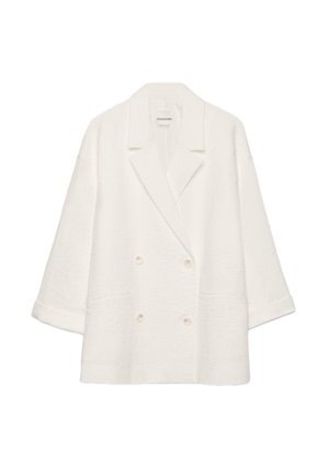 Weißer zweireihiger Wollblazer mit breiten Revers, langen Ärmeln und zwei Vordertaschen.