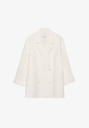 Witte dubbelgeknoopte wollen blazer met brede revers, lange mouwen en twee steekzakken aan de voorkant.