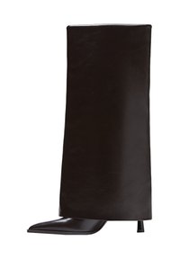 Svarta stövlar i knähöjd gjorda av slät läder, med spetsig tå och smal klack. Minimalistisk design med en elegant, strukturerad silhuett.