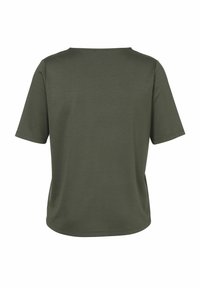 Donkerolijfgroen T-shirt met korte mouwen en een ronde hals, gemaakt van een soepele stof, met een ontspannen pasvorm en een rechte zoom aan de achterkant.