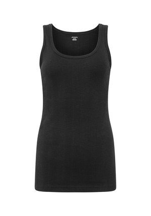 Zwart geribd mouwloos tanktopje met een ronde hals, een aansluitende pasvorm en een Jockey merklabel aan de binnenkant van de kraag.