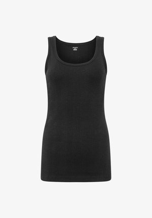 Schwarzes, geripptes, ärmelloses Tanktop mit Rundhalsausschnitt, figurbetontem Schnitt und Jockey-Markenlabel innen im Kragen.