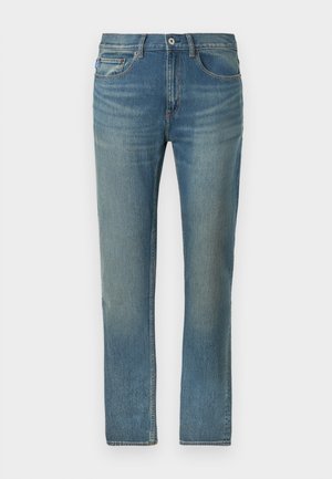 Jeans aus hellblauem Denim mit geradem Bein. Standard-Design mit fünf Taschen und einem Knopfverschluss sowie Ziernähten an den Nähten.