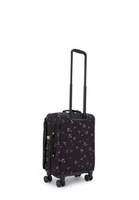 Black rolling suitcase with floral pattern, sturdy fabric, telescopic handle, and four spinner wheels for easy maneuverability.
