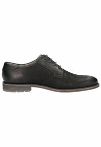 Zapato de vestir de cuero negro con punta redondeada, cuatro ojales y un acabado texturizado. Presenta una suela de color marrón claro que contrasta.