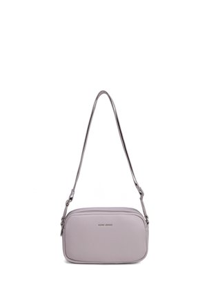 Petit sac à bandoulière rectangulaire en cuir violet clair avec sangle réglable et fermeture éclair.