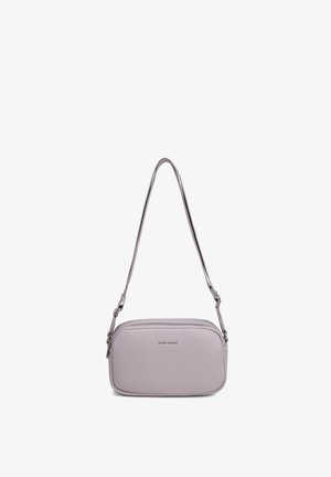 Small rectangular light purple leather shoulder bag with adjustable strap and zipper closure.