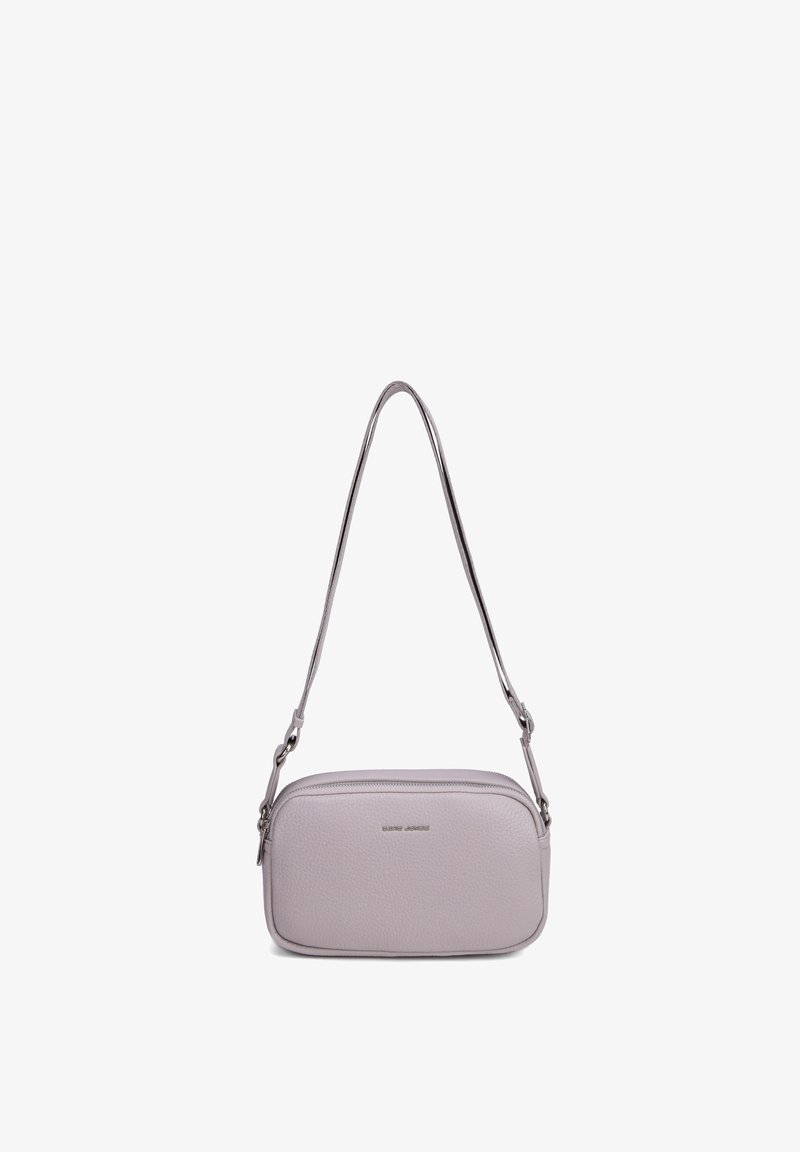 Petit sac à bandoulière rectangulaire en cuir violet clair avec sangle réglable et fermeture éclair.