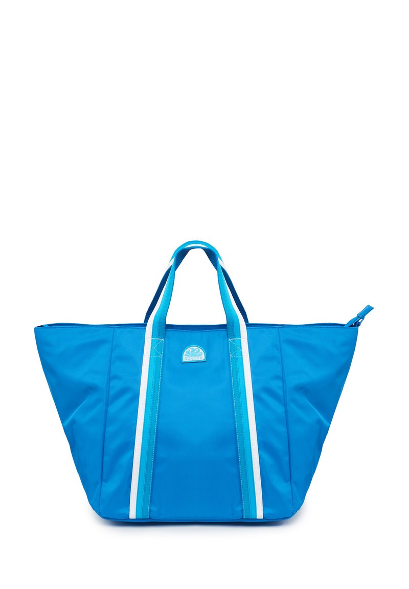 Borsa a tracolla blu in nylon resistente, con strisce bianche e azzurro chiaro, due manici superiori e una patch con logo sul davanti.