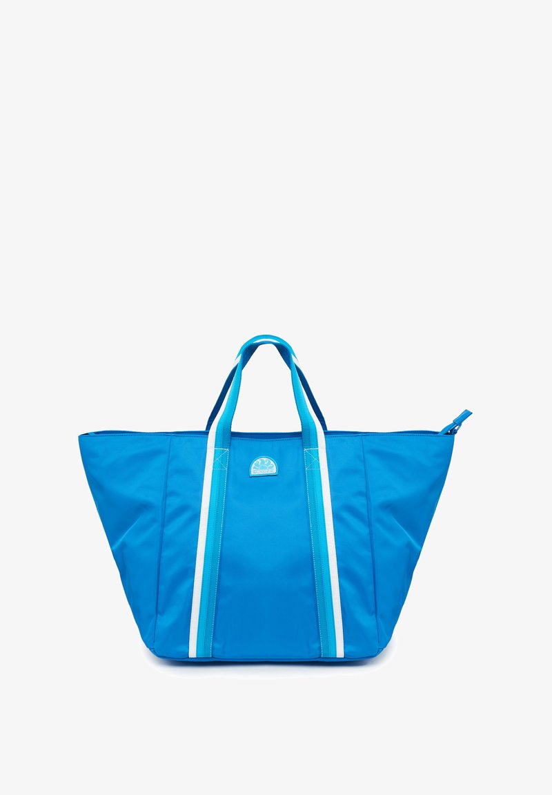 Borsa a tracolla blu in nylon resistente, con strisce bianche e azzurro chiaro, due manici superiori e una patch con logo sul davanti.