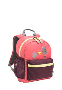 Zaino per bambini, color corallo con accenti grigi, presenta grafiche di animali, tasca laterale in rete e una tasca frontale con zip.