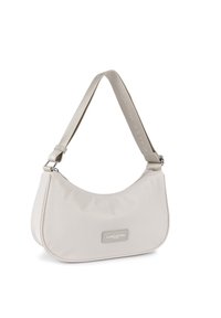 Borsa a spalla beige chiaro con una finitura liscia e opaca, dotata di una cintura ampia e di una patta con logo rettangolare sul davanti. Forma arrotondata.