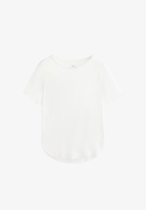 Weißes T-Shirt mit kurzen Ärmeln und rundem Halsausschnitt, glatte Textur und leicht gebogenem Saum. Leichter Stoff mit minimalen Details.