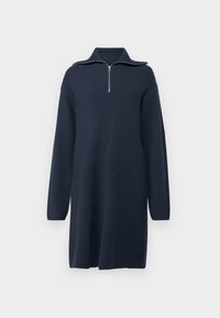 Gebreid jurkje in donkerblauw met een ritskraag, lange mouwen en een geribbelde textuur, met een relaxte, rechtlijnige pasvorm.