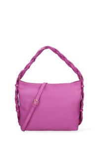 Borsa in pelle rosa con manico intrecciato e fibbia regolabile. Presenta una superficie liscia e una forma rettangolare, con un interno spazioso.