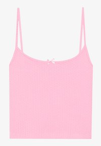 Pink ribbed camisole top with thin spaghetti straps and a small decorative bow at the center. Soft cotton material, fitted design.