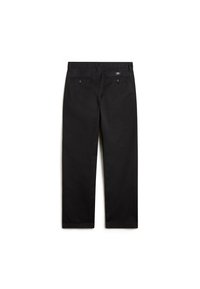 Black cotton pants with a straight cut, featuring two back pockets and a label at the waistband. Smooth texture, no notable patterns.