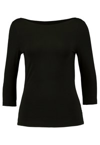 Black, stretchy, three-quarter sleeve top with a wide neckline. Made from a smooth, lightweight fabric, designed for a fitted silhouette.