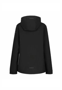 Schwarze Jacke mit Kapuze, mit einer glatten, matten Oberfläche. Enthält elastische Bündchen und ein Logo auf der Rückseite. Einfaches, funktionelles Design.