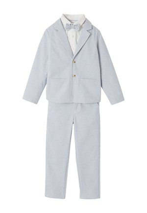 Hellblauer Cord-Kleinkinderanzug mit passenden Hosen, Jacke, weißem Hemd und hellblauer Fliege.